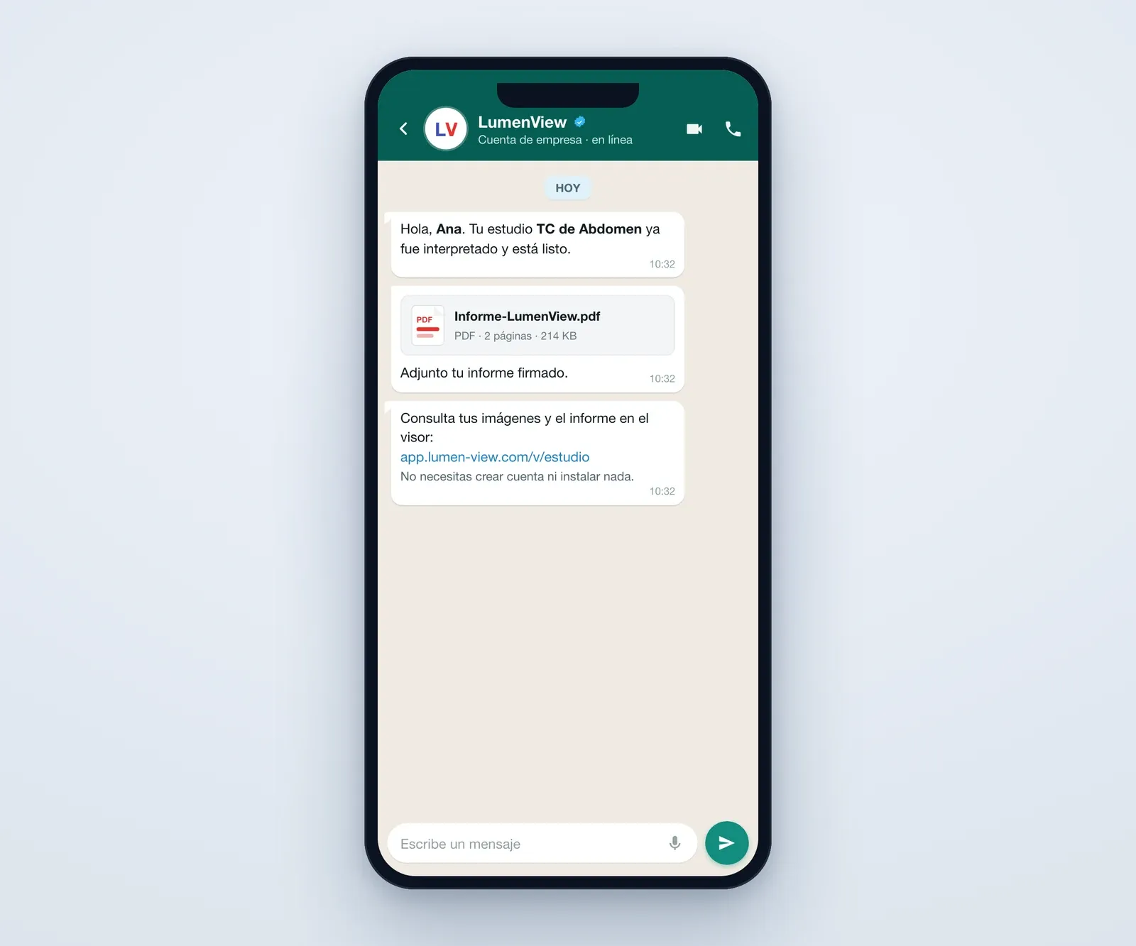 Mensaje de WhatsApp de LumenView que entrega al paciente su informe en PDF y la liga para ver sus imágenes.